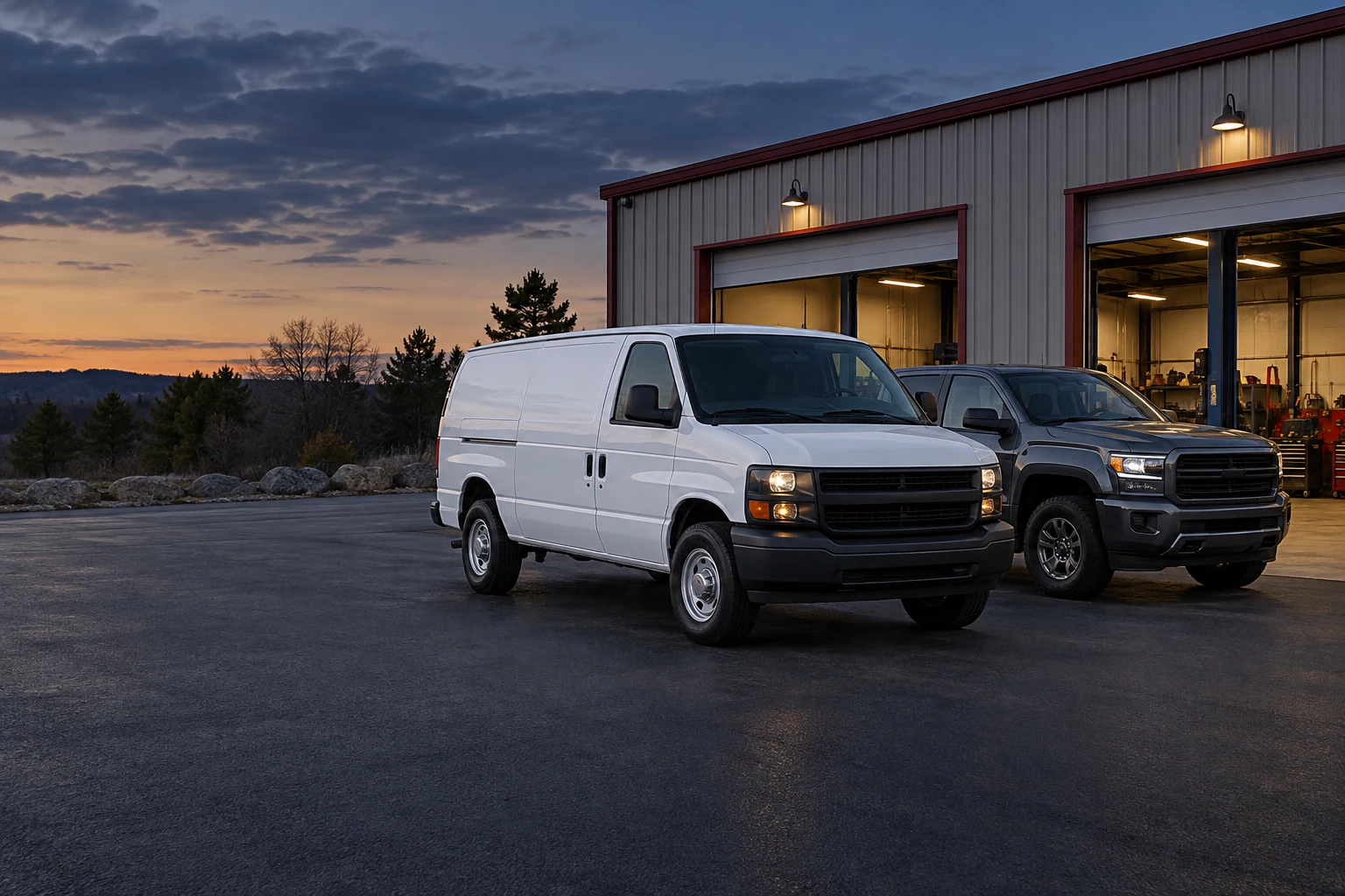 A white cargo van and a dark pickup parked outside an open service bay