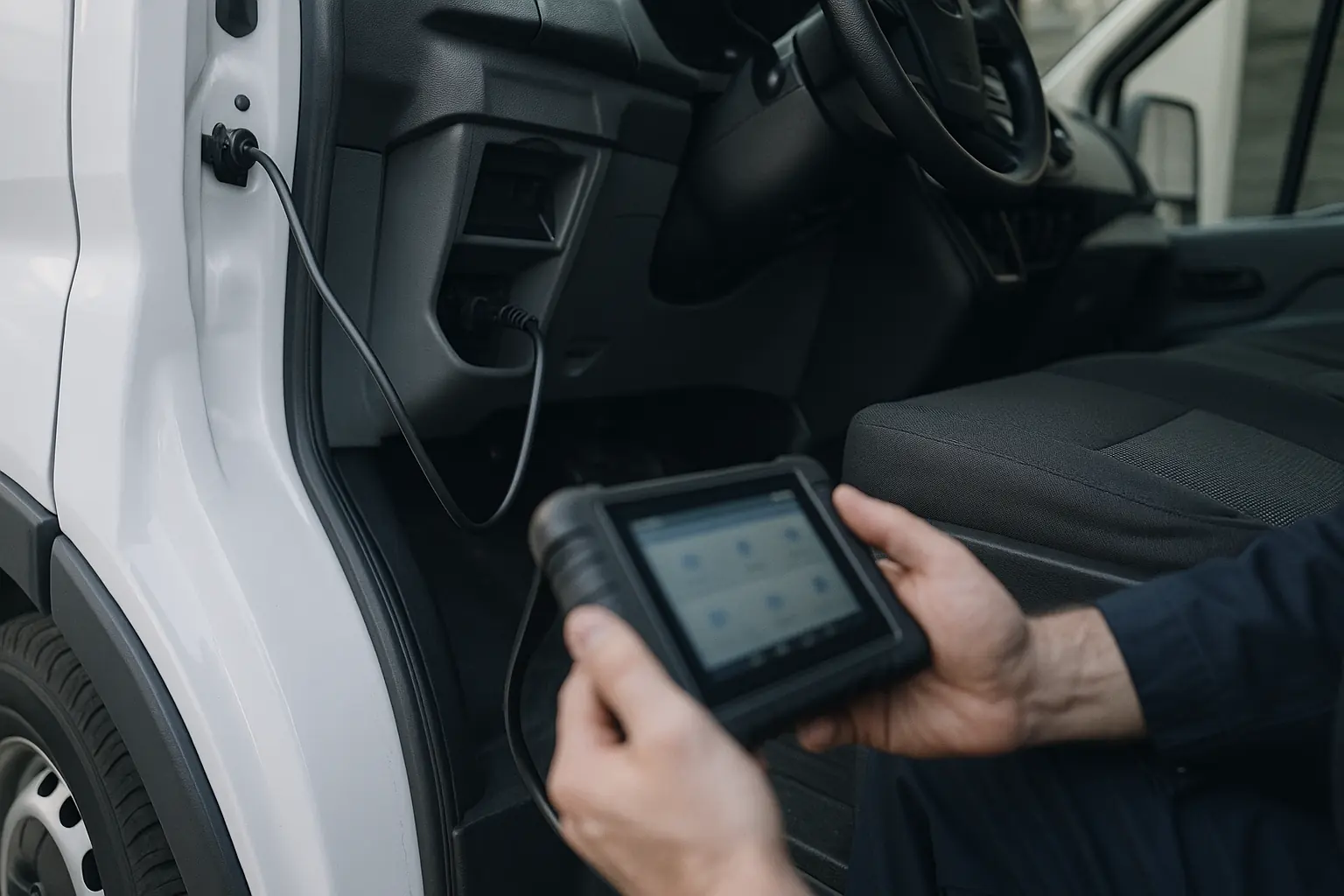 A scan tool connected to a commercial van during diagnosis