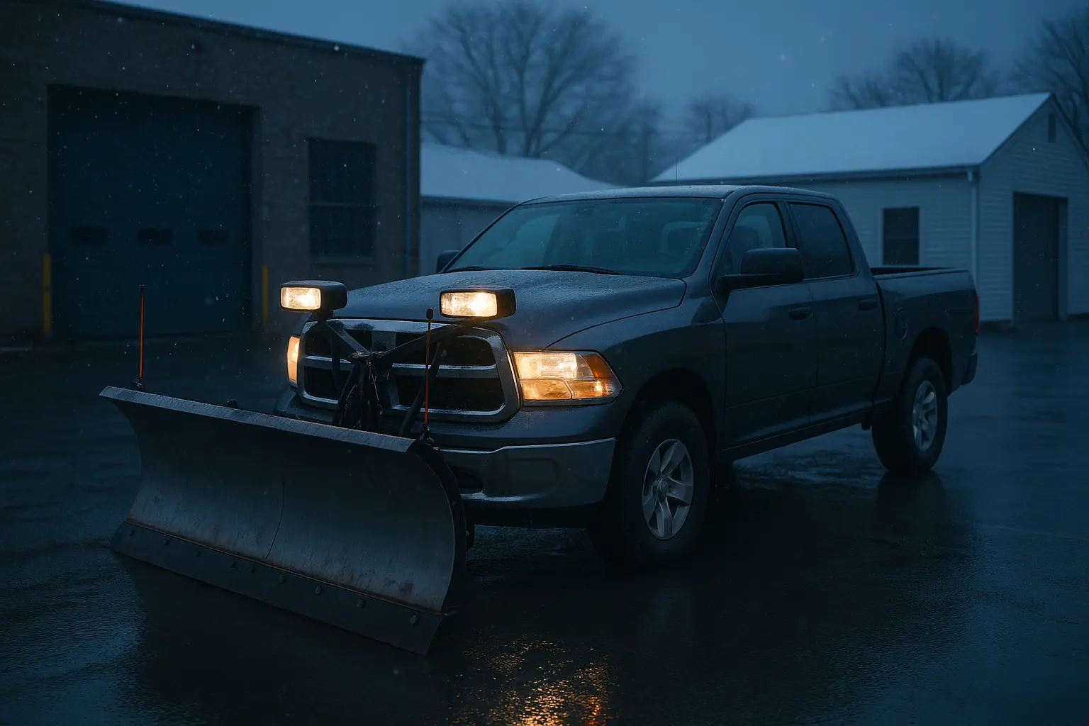 A pickup fitted with a snow plow blade in a commercial yard at dusk
