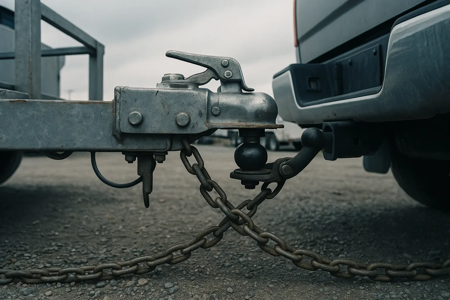 An equipment trailer coupler and safety chains at a pickup hitch
