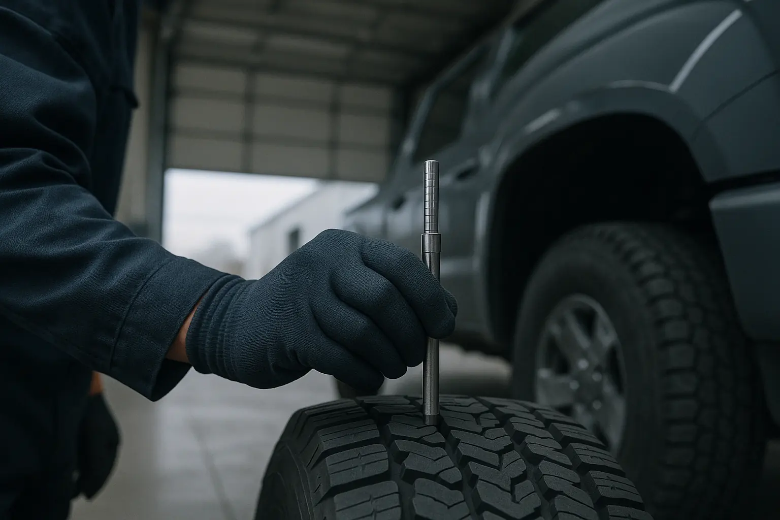 A technician measuring tire tread depth on a work pickup